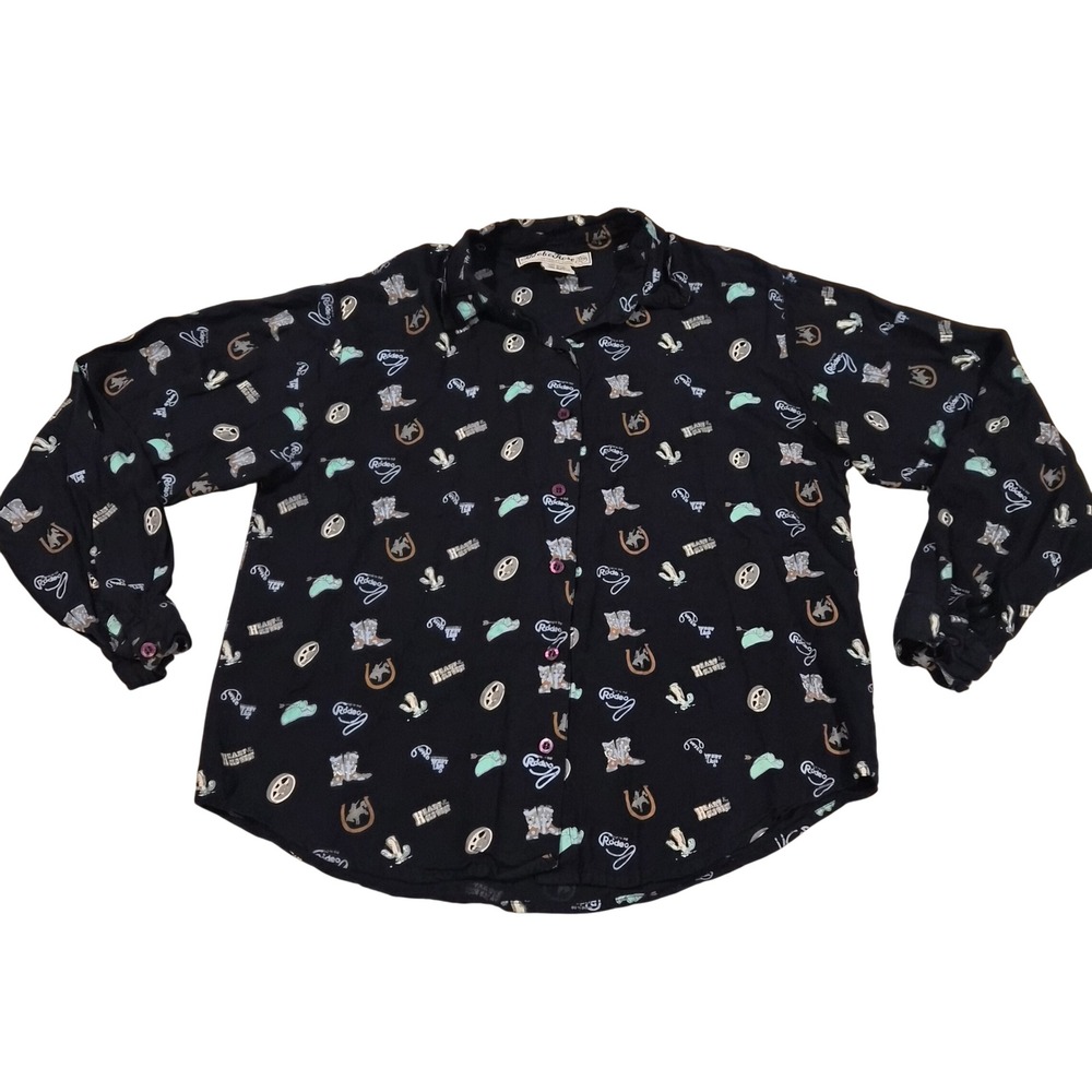 Vintage 1995 Adobe Rose Western Rodeo Print Rayon Button Down Shirt Black Medium